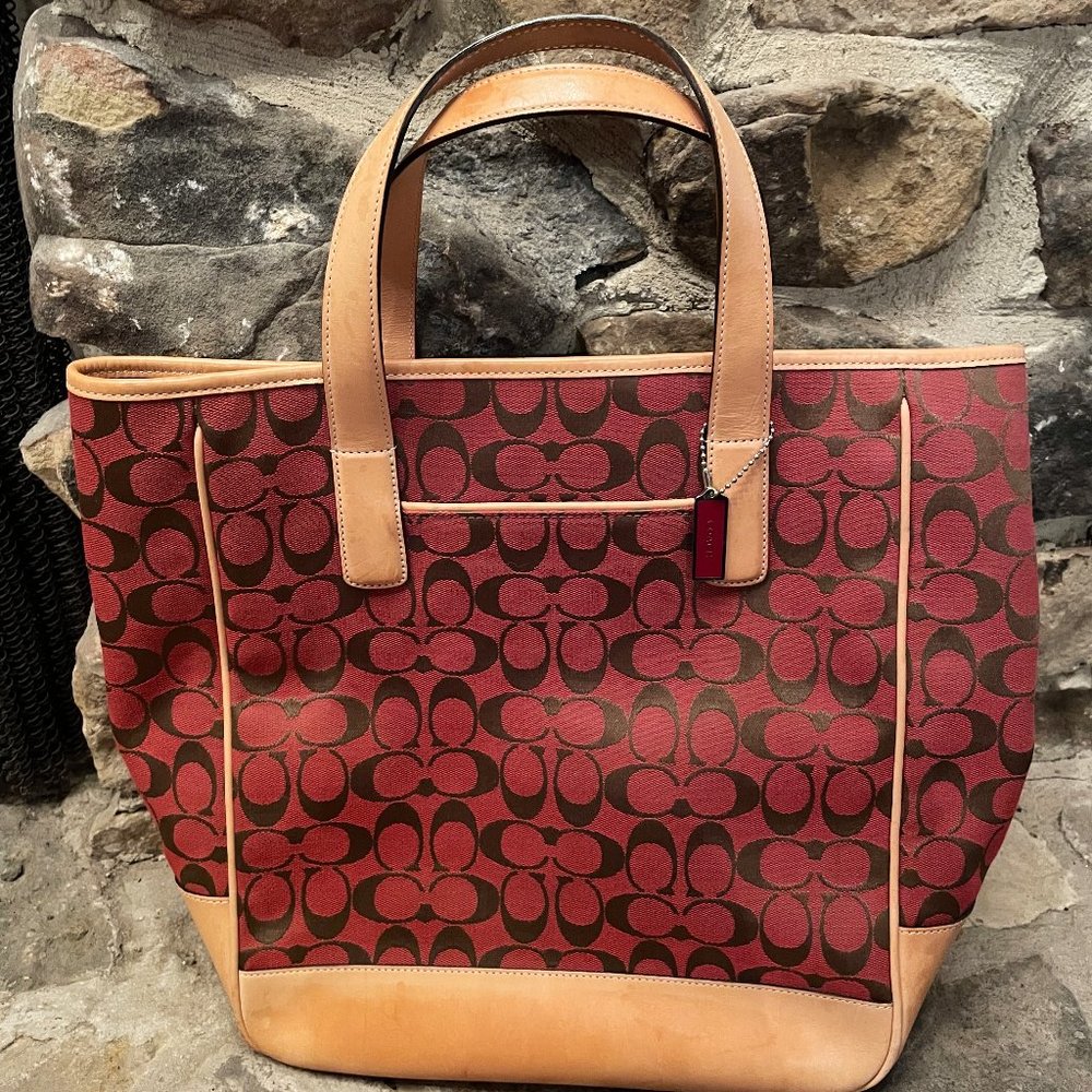 Coach Signature Zip Top Tote Red Canvas Tan Leather Trim Handbag